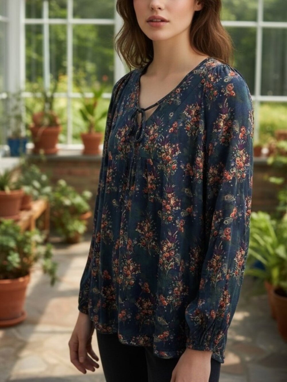 Natural Life Black Floral Boho Peasant Blouse Size Large Rayon Tie Neck Top